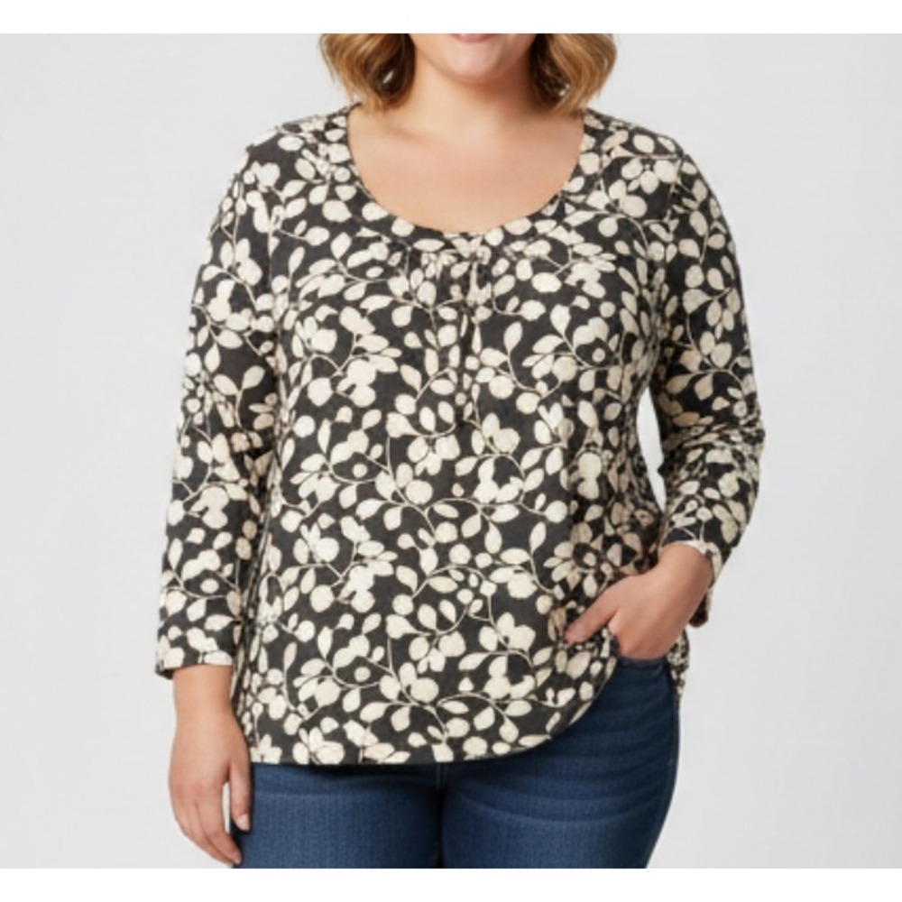 BODEN Black/Tan FLORAL PRINT 3/4 Sleeves GATHERED FRONT Knit Blouse/Top Sz 18